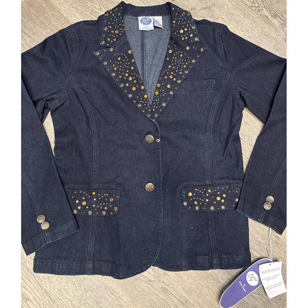 New DG2 by Diane Gilman Classic Stretch Denim Embellished Jean Jacket Blue Small